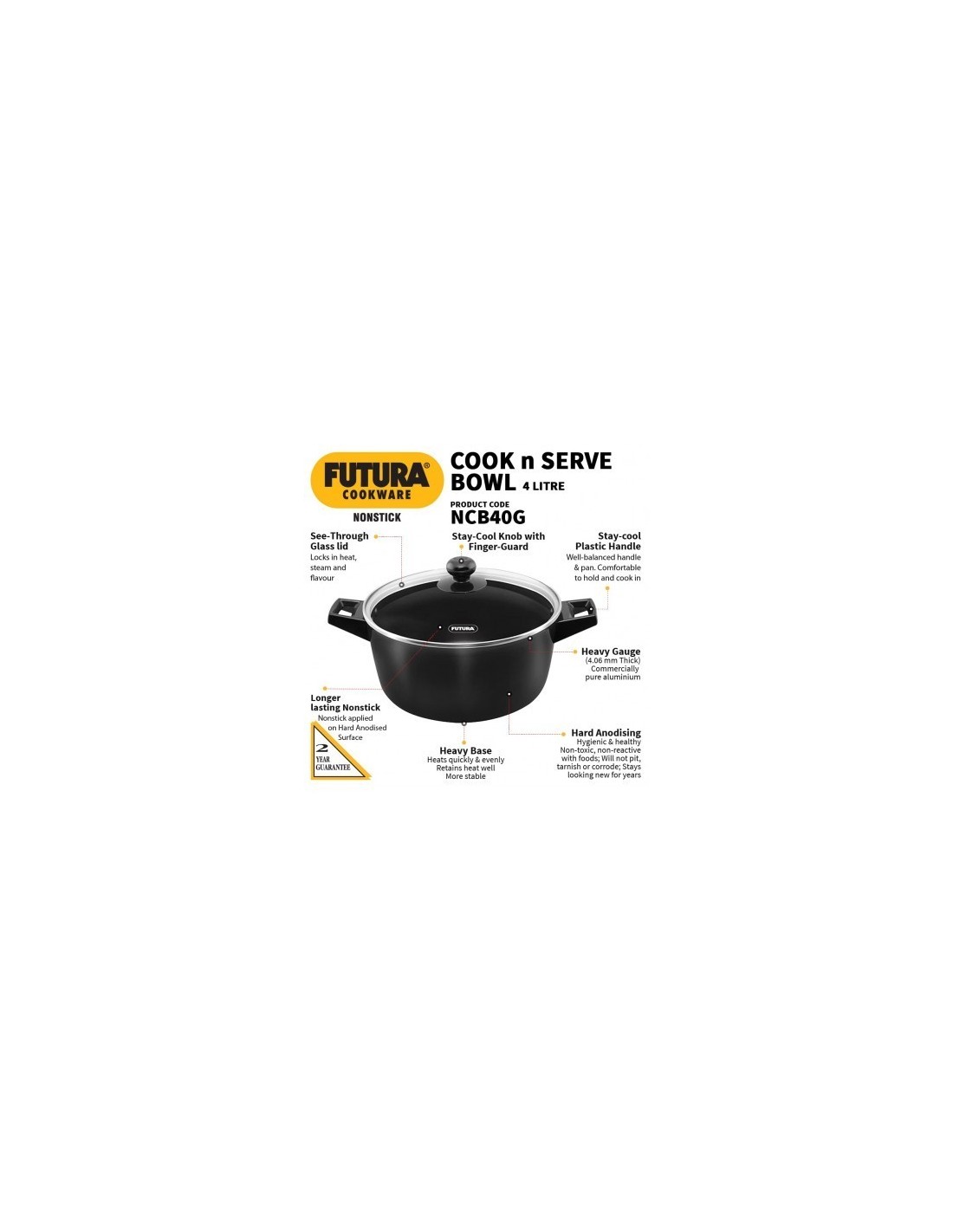 Hawkins Futura 4 Litre Nonstick Cook N Serve Bowl With Glass Lid Blac