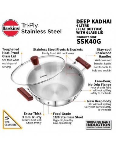 Hawkins Tri-Ply Stainless Steel Induction Compatible Deep Kadhai (Deep-Fry Pan) with Glass Lid, Capacity 4 Litre, Diameter 28 cm